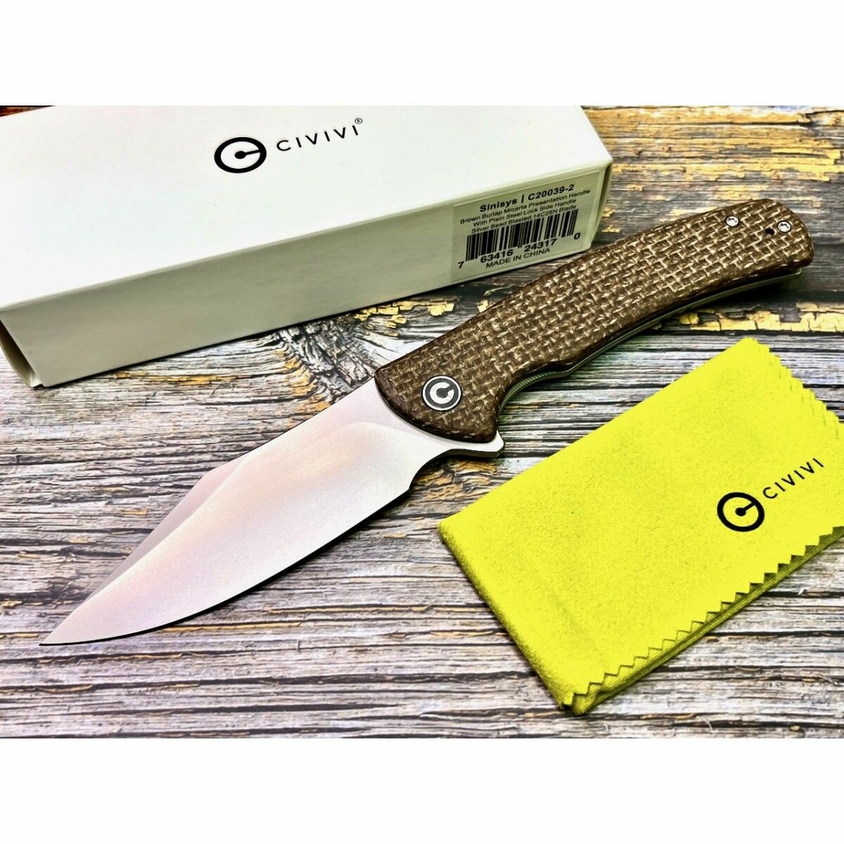 Нож складной Civivi C20039-2 Sinisys, Bead Blasted 14C28N Blade, Brown Burlap Micarta Handle