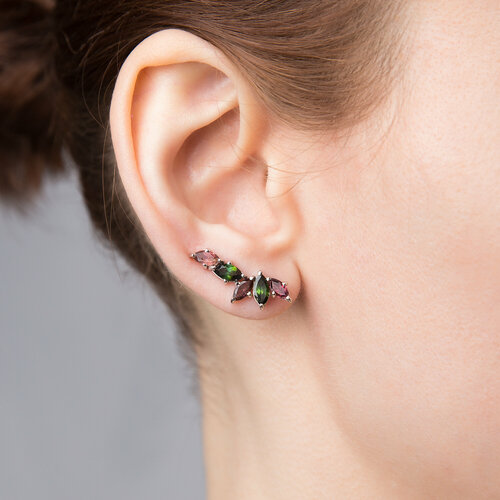 Серьги CORDE Серебряные серьги-клаймберы с натуральными мультитурмалинами., серебро, 925 проба, родирование, турмалин, длина 2.5 см, розовый, зеленый