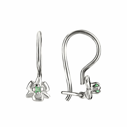 Серьги CORDE Детские серебряные серьги в форме цветка с натуральными изумрудами, серебро 925 пробы, серебро, 925 проба, родирование, изумруд, размер 5 мм, длина 1.3 см, зеленый