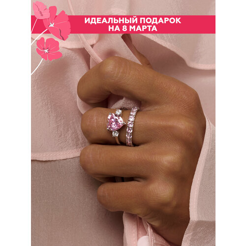 Кольцо на два пальца MIESTILO, платина, 925 проба, родирование, фианит, размер 18.5, серебряный, розовый