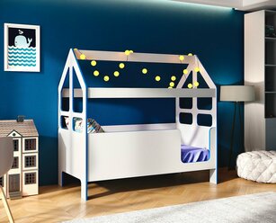 Кровать-домик детская "Сладкий сон" с бортиком под матрас 160х80, БазисВуд, вход справа, цвет синий