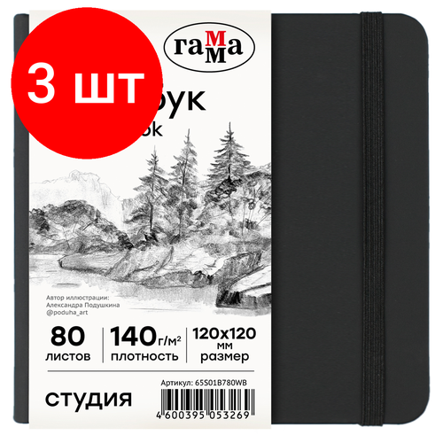 Комплект 3 шт Скетчбук 80л 120120 Гамма Студия черный твердая обложка на резинке белая 140гм2 1081₽