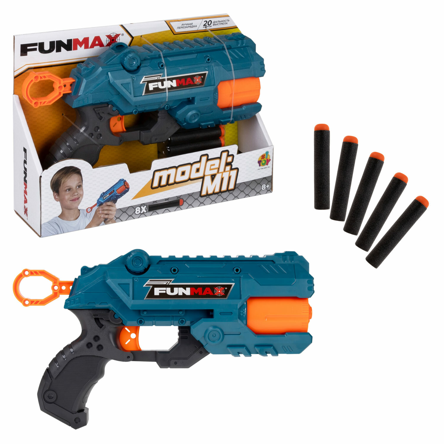 Бластер механический 1toy Funmax "M11" 7 стволов, в компл. 8 EVA снарядов