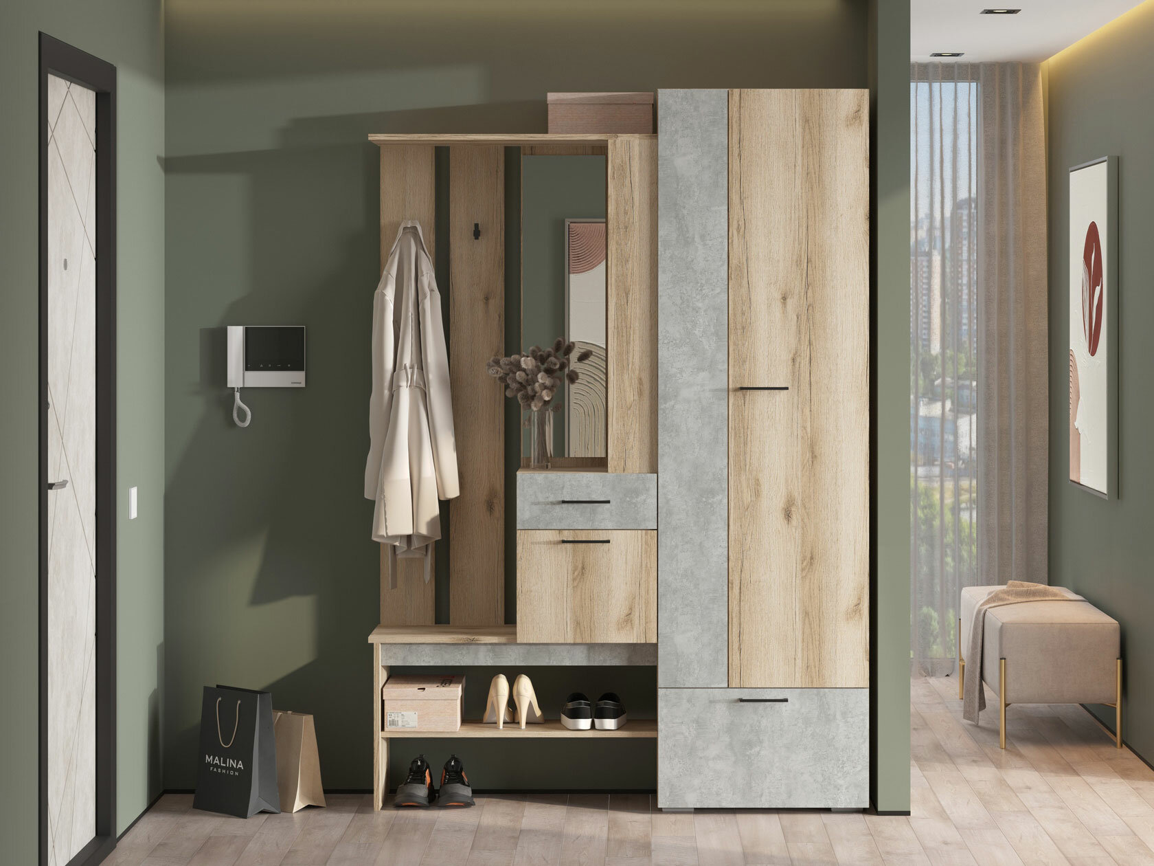 фото Прихожая СВ-Мебель Фаворит Дуб Делано / Цемент светлый