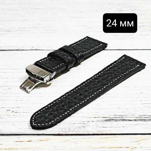 Ремешок Чёрный бык, фактура перфорированная, тиснение, матовая, зернистая, под рептилию, диаметр шпильки 1.8 мм, размер 24/22 M, , серебряный, черный