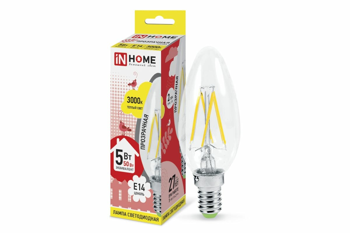 Лампа светодиодная LED-СВЕЧА-deco 5Вт 230В Е14 3000К 450Лм прозрачная IN HOME 4690612007564