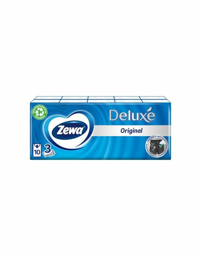 Платочки бумажные носовые Zewa Deluxe Original 3х слойные 10 шт в упаковке 1 уп