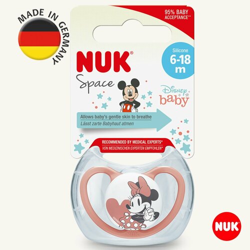 NUK SPACE MICKEY Соска пустышка ортодонтическая силиконовая, разм. 2 (для детей от 6 до 18 мес.), 1 шт. в контейнере, красная Минни