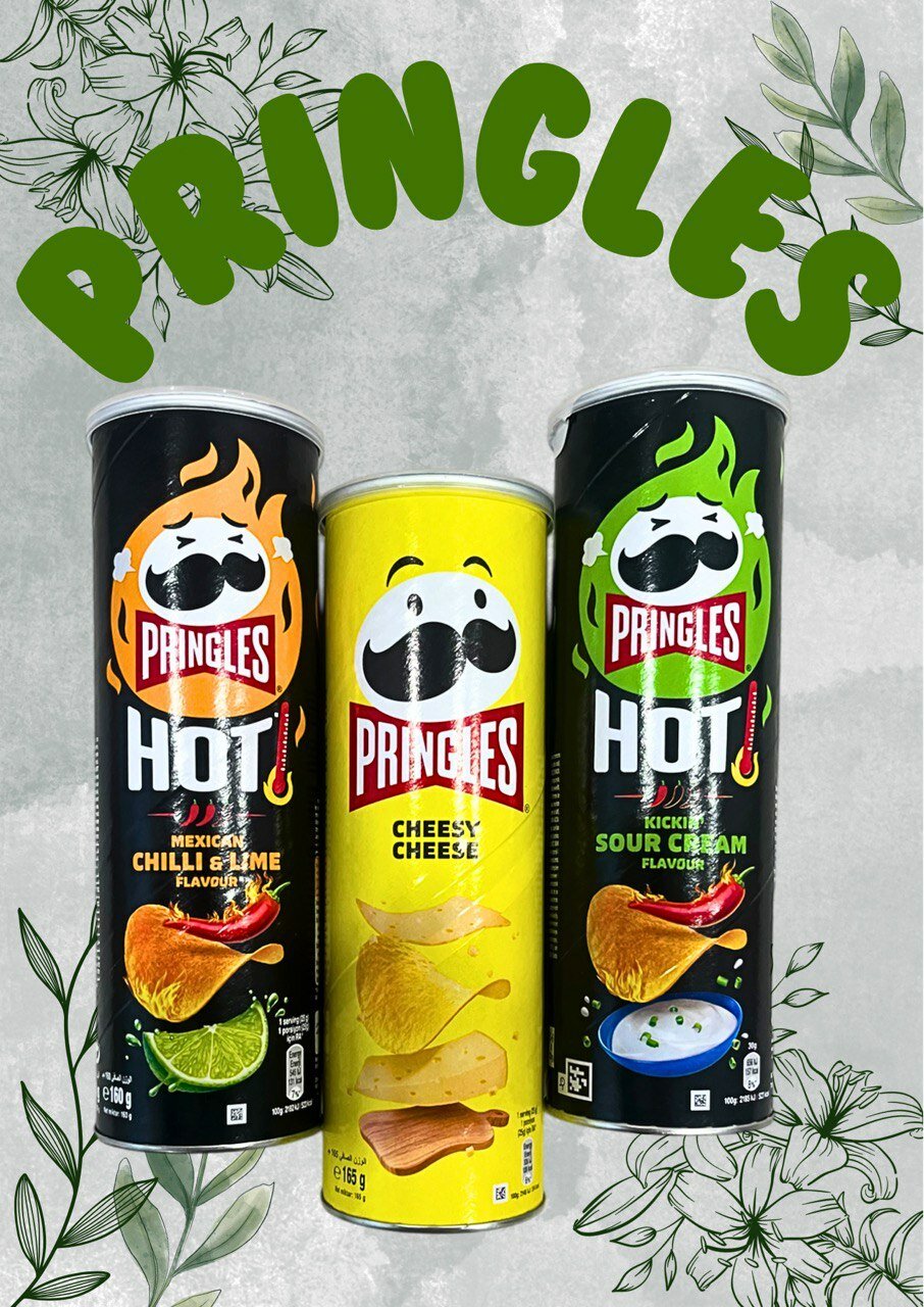 Чипсы Принглс/Pringles набор Flame Mexican Chilli & Lime/Cоус Чили и Лайм+Cheesy Cheese/Сыр+Flame Sour Cream/Острая Сметана (3 шт. х 160 гр.)