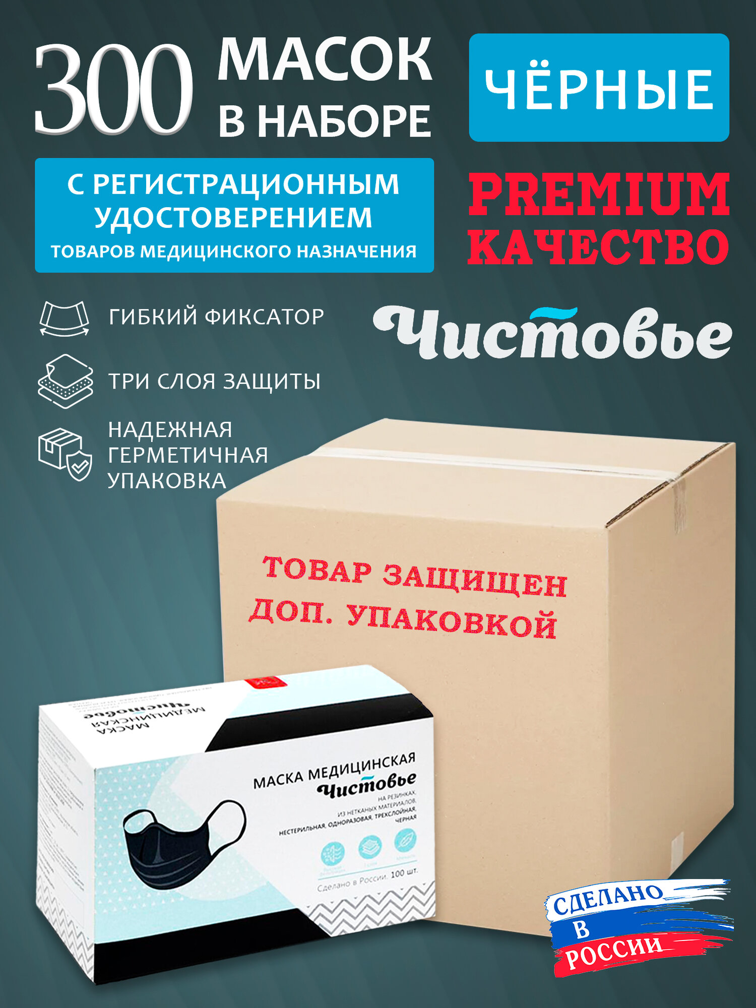 Маски медицинские одноразовые черные 300шт. (3 упак.)