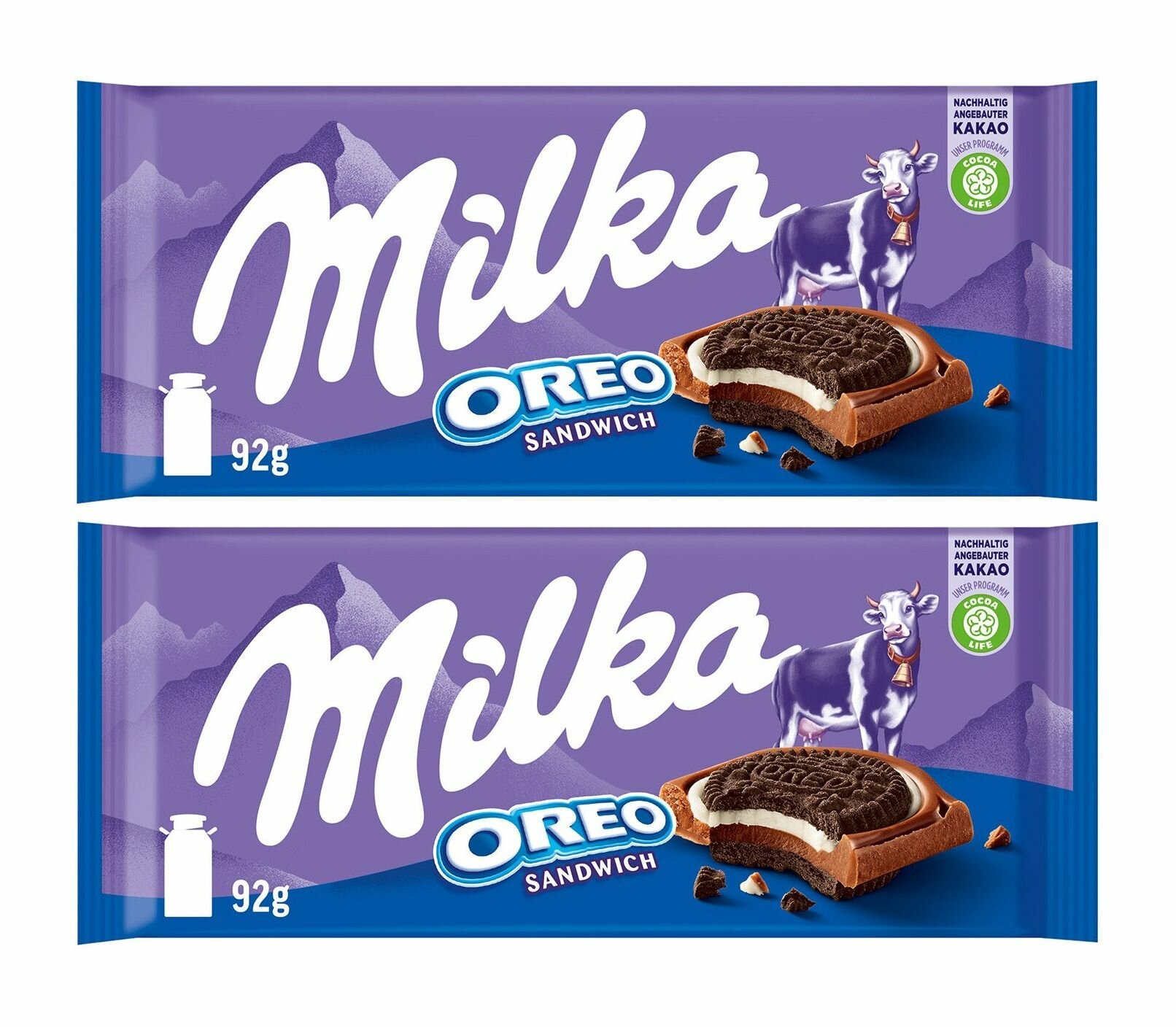 Шоколадная плитка Milka & Oreo Sandwich с печеньем Орео, 2 шт. по 92 гр. (Швейцария)