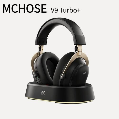 Изображение товара MCHOSE V9 Turbo+ Беспроводные игровые наушники (Bluetooth/2.4G/USB-C), 2000mAh Емкость аккумулятора, С микрофоном, RGB-подсветка-черный-золотой-Наушники