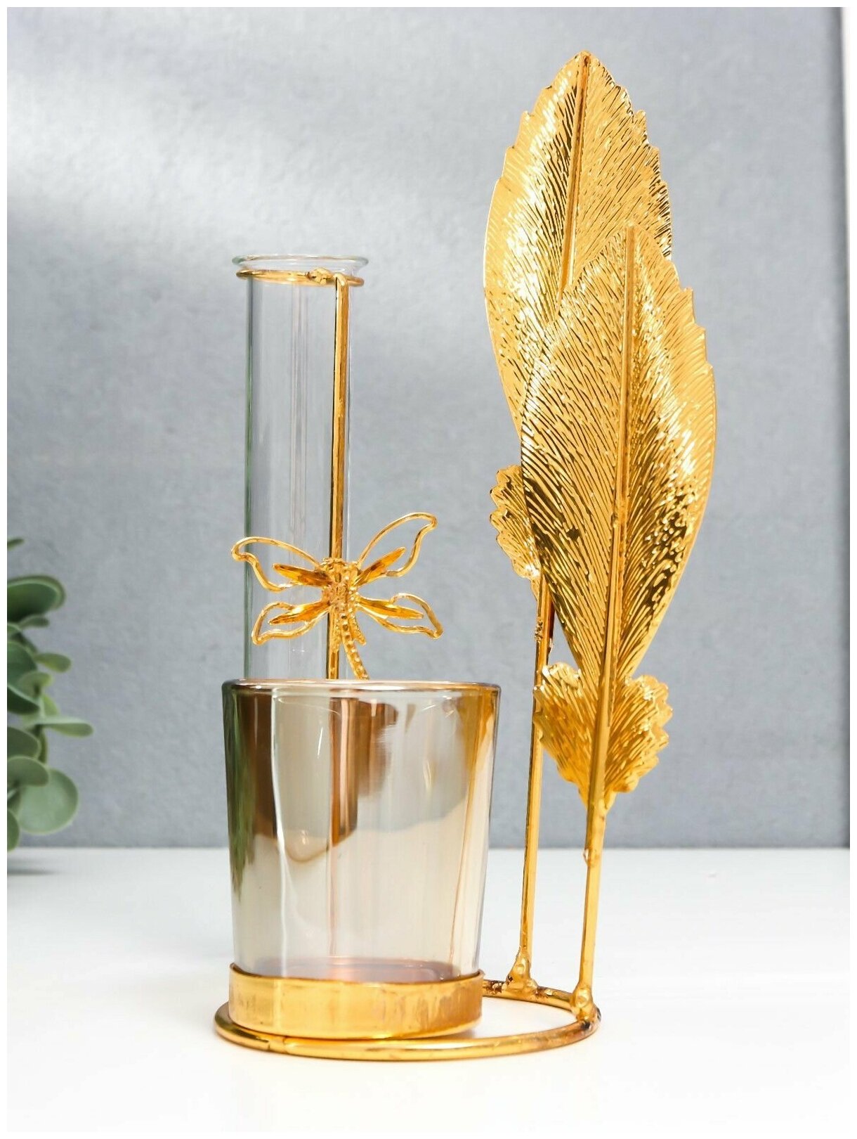 Подсвечник металл, стекло на 1 свечу с вазой "Золотые перья" d-5 см, 7,5х14х19,6 см 7825920 . - фотография № 2