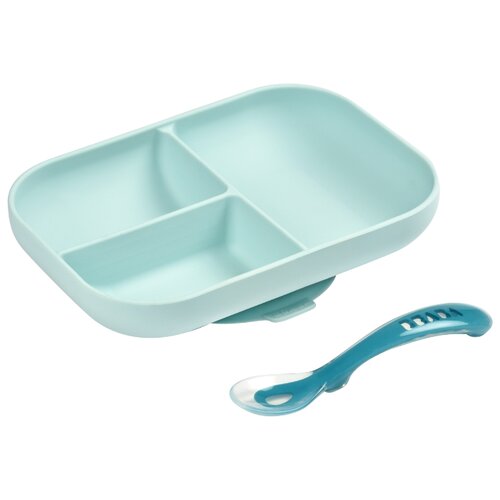 фото Набор посуды: тарелка, ложка beaba set repas silicone avec ventouse blue