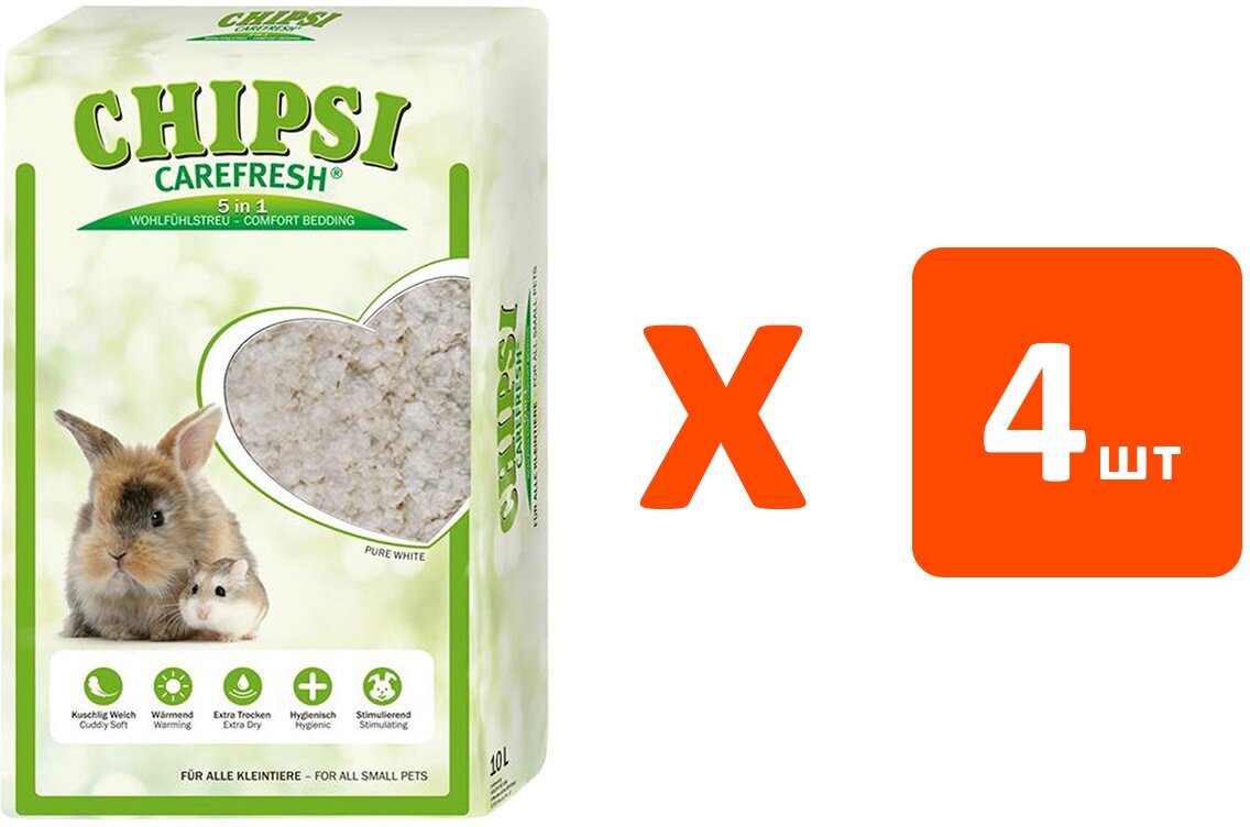 Chipsi CareFresh Pure White наполнитель-подстилка натуральный на бумажной основе для мелких домашних животных и птиц белый (10 л х 4 шт)