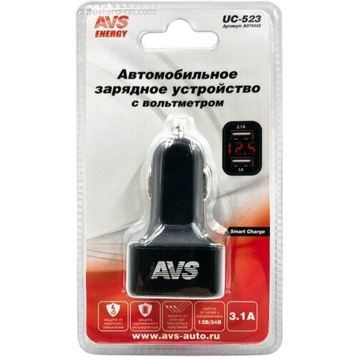 AVS A07444S Зарядное устройство AVS USB 2 порта UC-523 (3А, черный) с вольтметром; AVS автомобильное зарядное устройство usb 2 порта avs uc 322 2 4а black edition a07281s