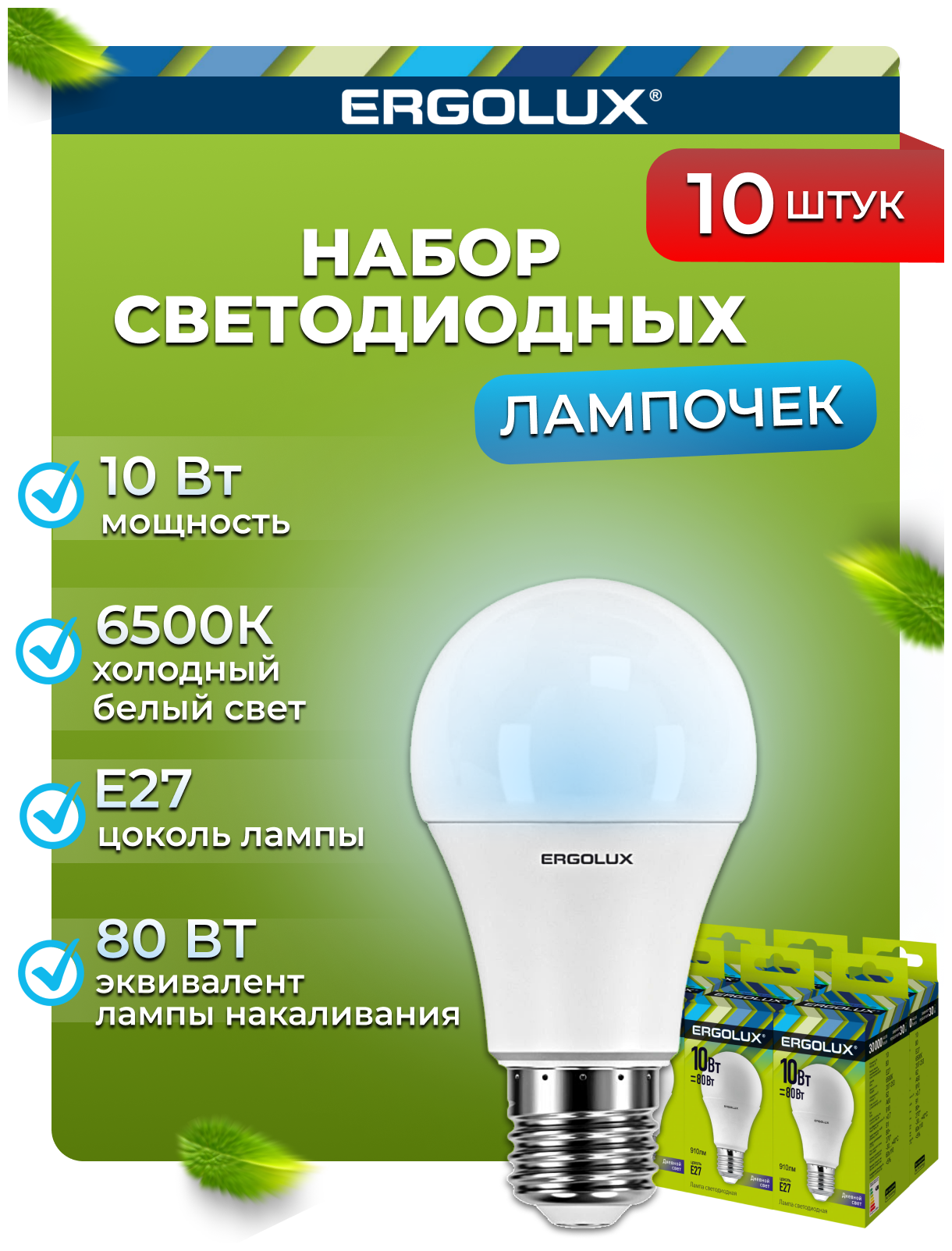 Набор из 10 светодиодных лампочек Ergolux LED-A60-10W-E27-6K