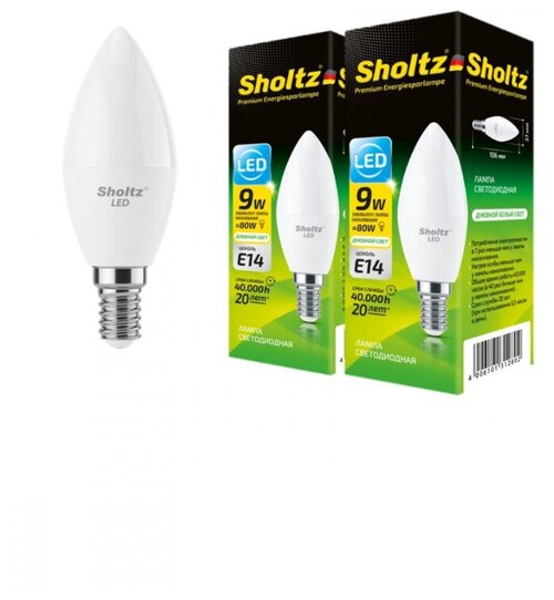 Комплект из 2 светодиодных энергосберегающих ламп Sholtz свеча С37 9Вт E14 4000К 220В пластик (Шольц) LEC3128D