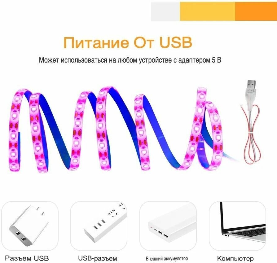 Фитолампа светодиодная, розовая фито-лента USB (4м, IP65) для растений полного спектра - фотография № 4