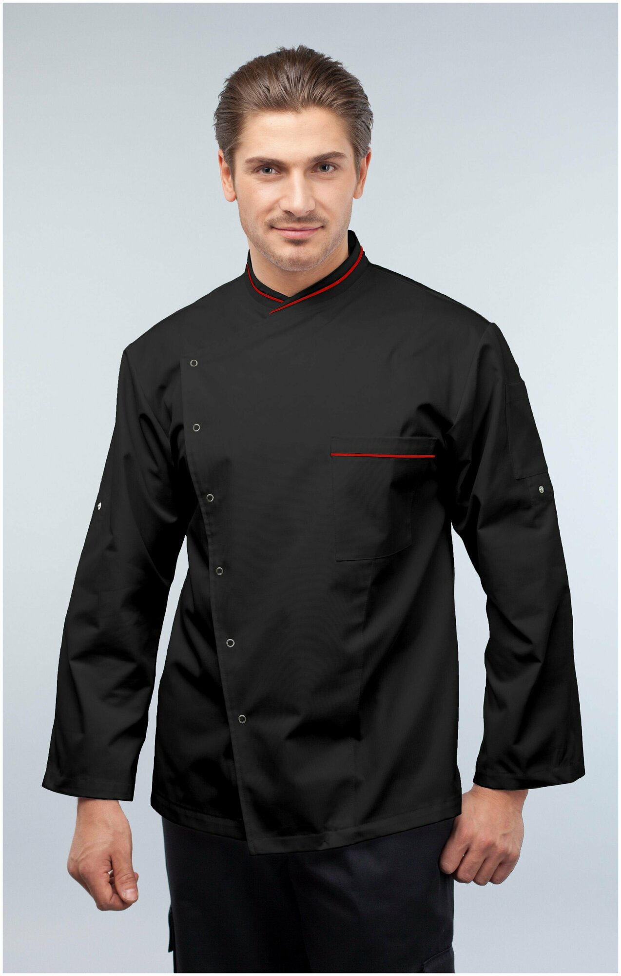 Куртка для повара мужская/Китель поварской мужской Uniforms (цвет чёрный с красным кантом, 44 размер)