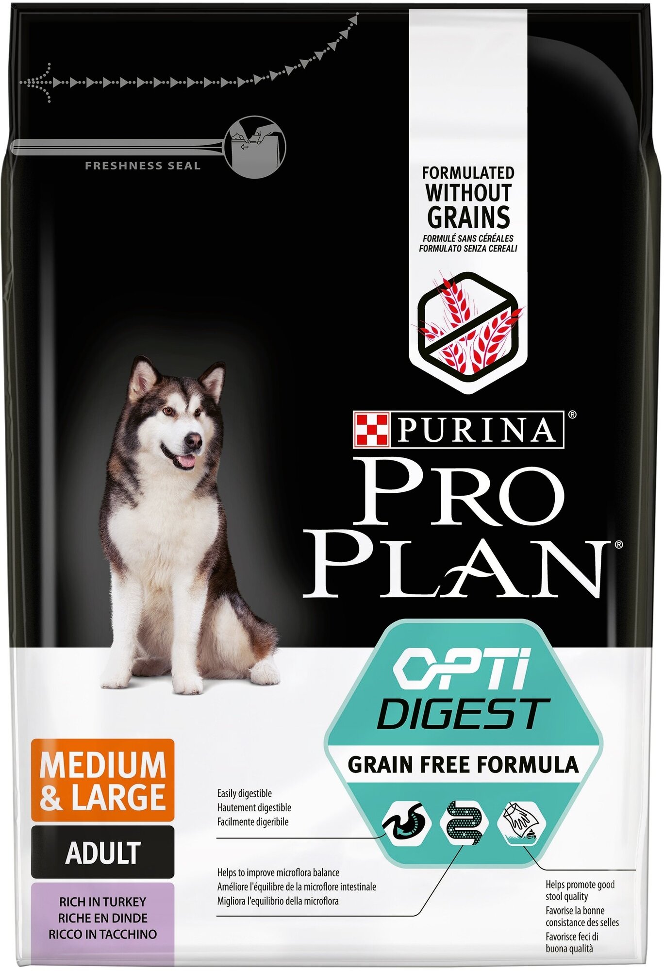 Pro Plan Grain Free Medium&Large корм для взрослых собак средних пород с чувствительным пищеварением Индейка, 2,5 кг.