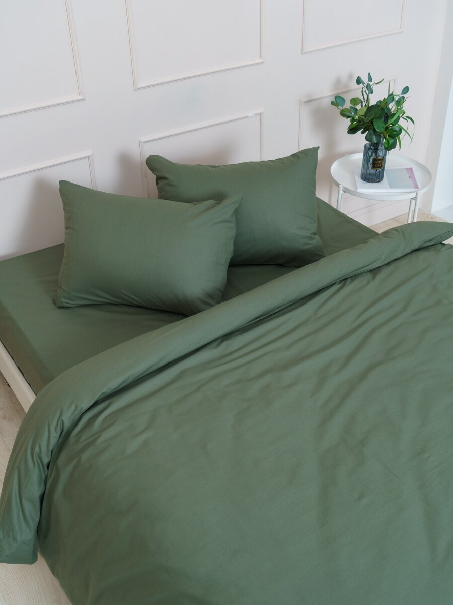 Комплект постельного белья однотонный IDEASON поплин, 3 предмета, 1,5 спальный, оливковый - фотография № 10