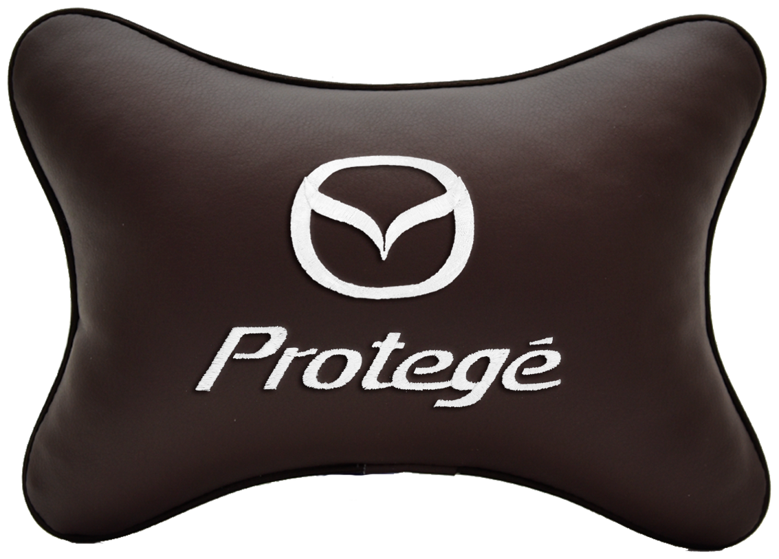 Автомобильная подушка на подголовник экокожа Coffee c логотипом автомобиля MAZDA PROTEGE