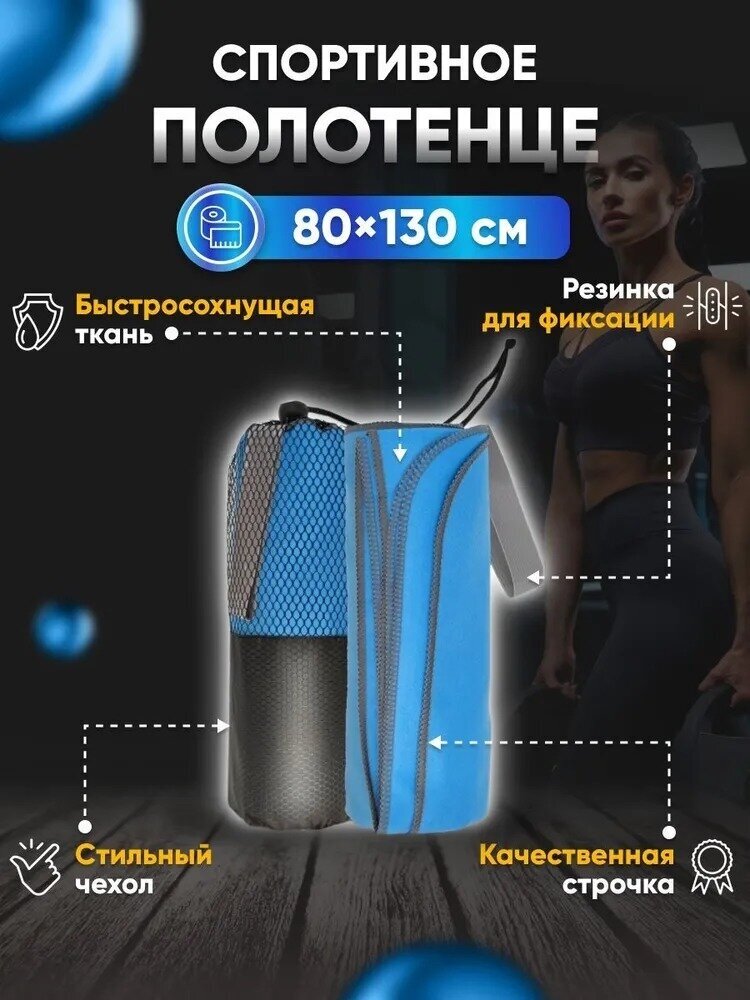 Полотенце спортивное из микрофибры 80*130см・ светло-синее с серебристым - фотография № 4
