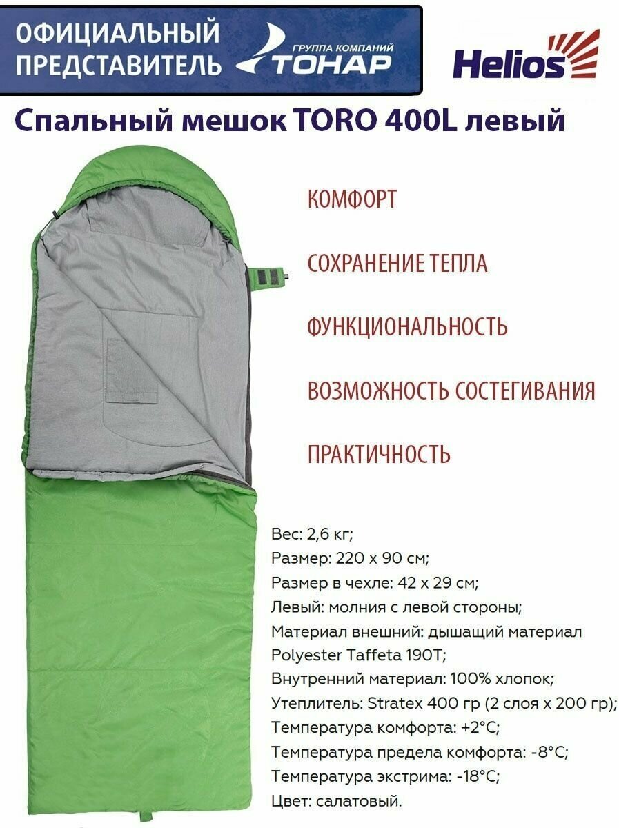 Спальный мешок TORO Wide 400L (220х90, левый, стратекс, салатовый) / спальник одеяло в палатку / туризм / поход /охота / рыбалка