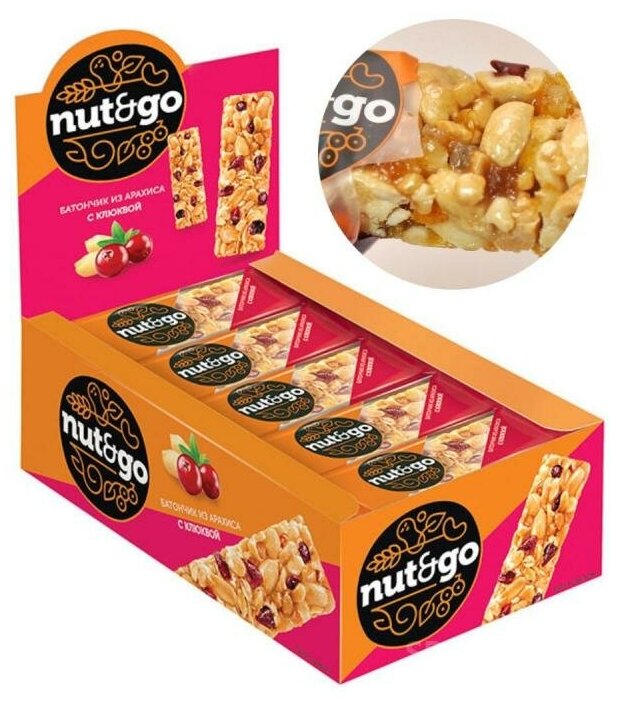 Арахисовый батончик из жаренного арахиса с клюквой NUT N GO Nut&Go NutandGo , 18 шт. по 42 г. - фотография № 3