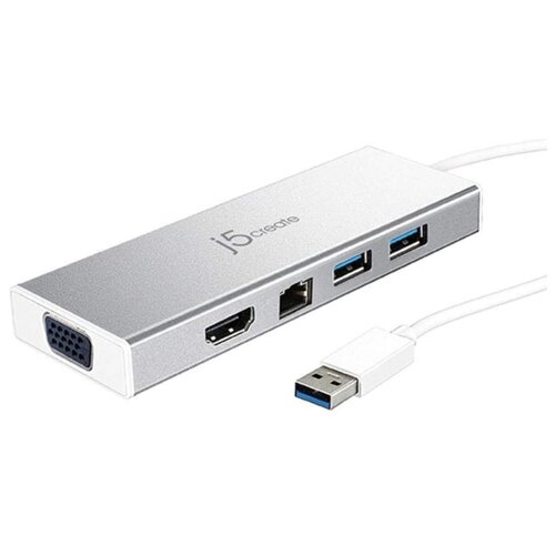 Мини док-станция j5create USB 3.0 Mini Dock. Интерфейс: USB 3.0. Порты: USB 3.0 x 2, VGA-DB 15 pin, HDMI, Gigabit Ethernet, USB Micro B.