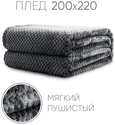 Плед Велсофт Графитовый для кровати, дивана / Плед Евро 200х220 см / Плед для пикника / Плед для детской / Покрывало на кровать, диван