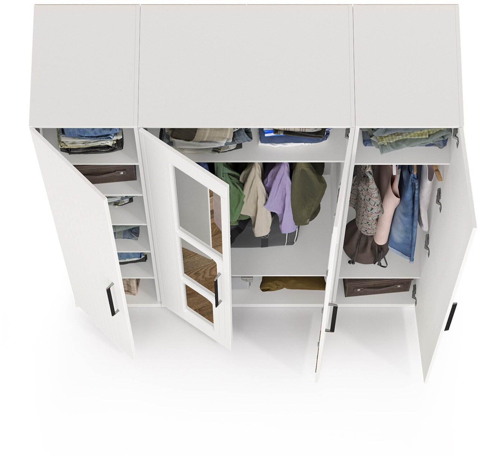 Шкаф для одежды 4-х створчатый с зеркалами Валенсия, цвет белый шагрень, ШхГхВ 168х54,2х225,3 см.