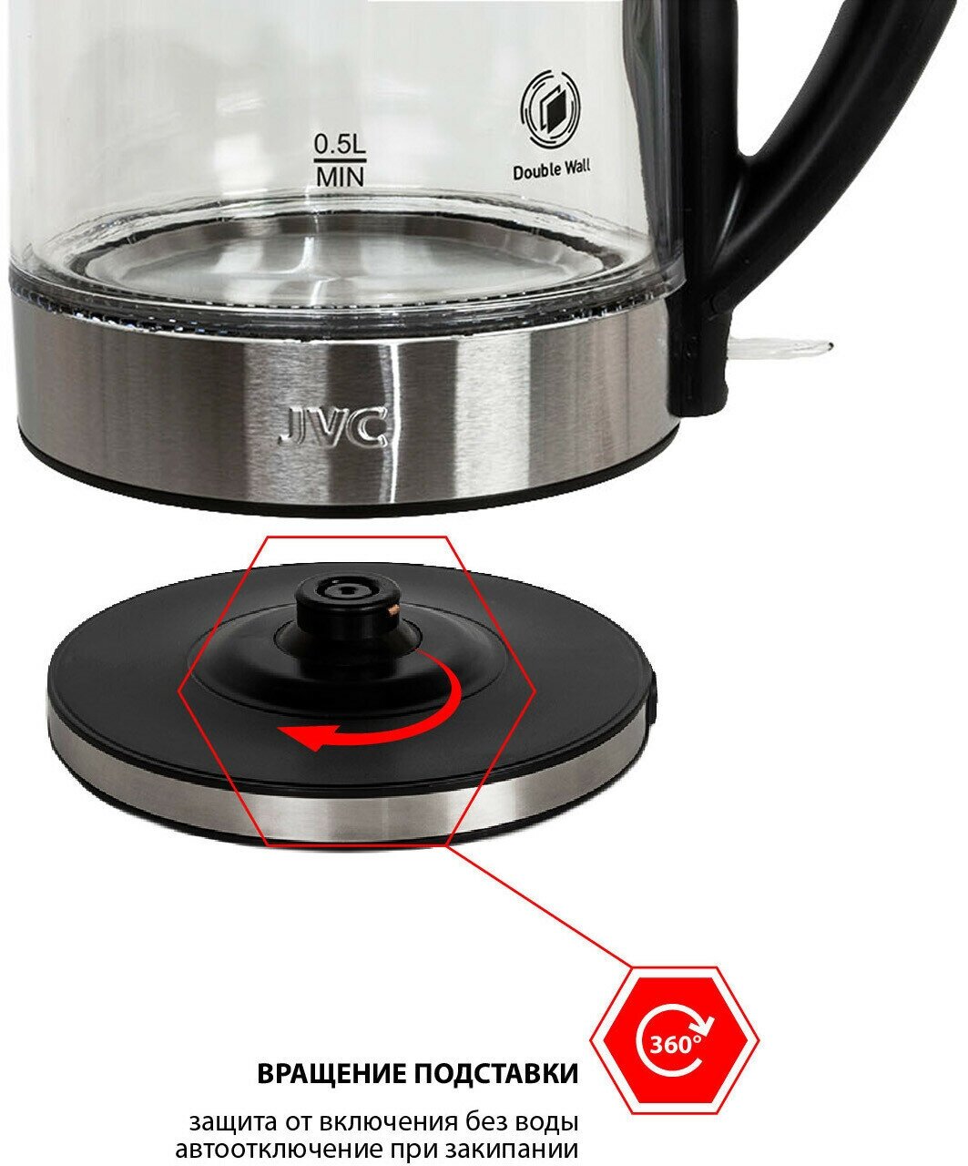 Чайник электрический JVC, JK-KE1815, черный, 1.7 л, 2200 Вт, скрытый нагревательный элемент, стекло - фотография № 7