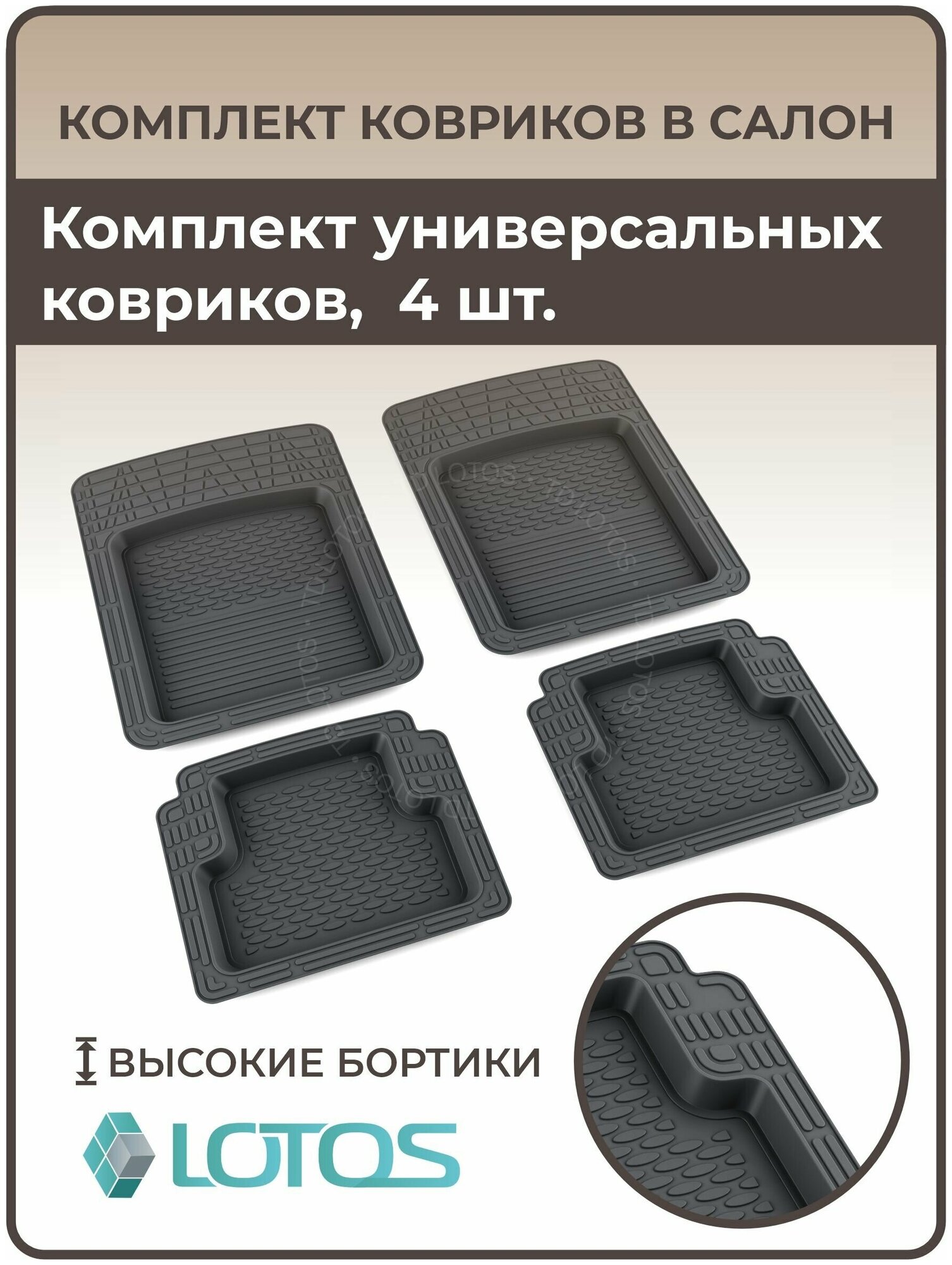 Коврики автомобильные универсальные для салона с бортом полиуретановые без крепежа и перемычки для всех марок и моделей авто