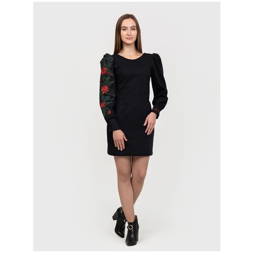 Платье REDKOE CURAE Black. Цвет черный, ассиметричный рукав с вышивкой. Размер S