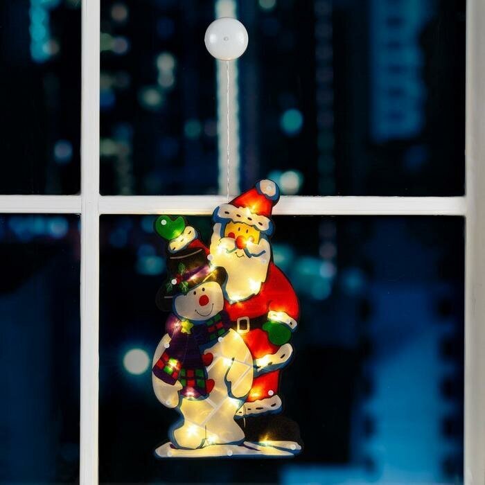 Светодиодная фигура Luazon Lighting "Дед Мороз и снеговик", на присоске, 25х44 см, 3 батарейки ААА, свечение теплое белое
