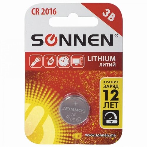 Батарейка SONNEN Lithium, CR2016, литиевая, 1 шт, в блистере батарейка sonnen lithium cr2025 литиевая 1 шт в блистере 451973