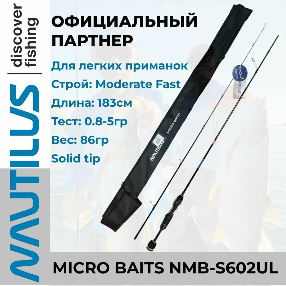 Удилище спиннинговое Nautilus Micro Baits NMB-S602UL 183см 0.8-5.0гр / спиннинг / удочка для летней рыбалки
