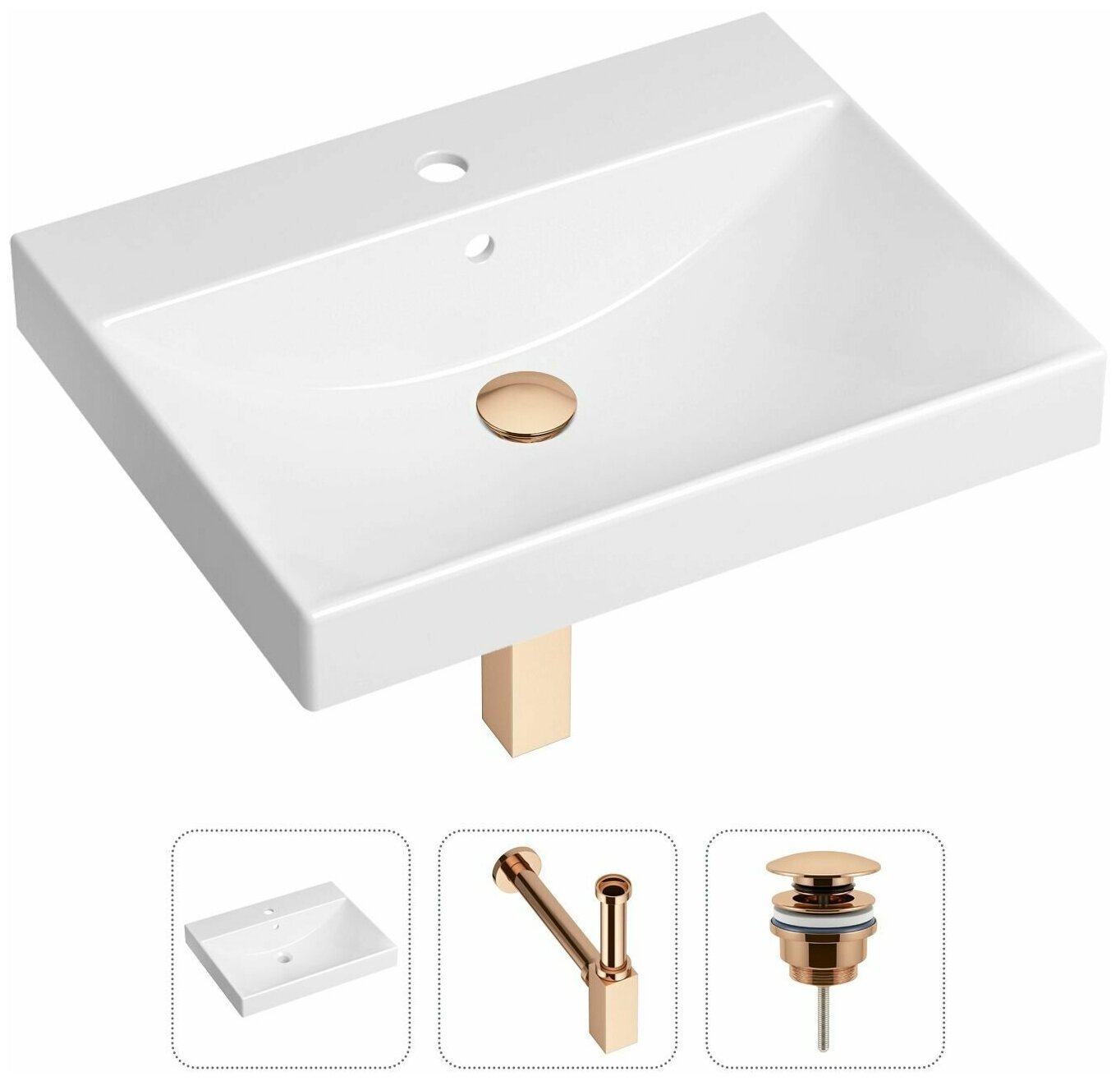 Врезная раковина в ванную Lavinia Boho Bathroom Sink 21520563 в комплекте 3 в 1: умывальник белый, донный клапан и сифон в цвете розовое золото