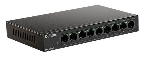D-Link DES-1009MP/A1A Неуправляемый коммутатор с 8 портами 10/100Base-TX и 1 портом 10/100/1000Base-T (8 портов РоЕ 802.3af/at, PoE-бюджет 117 Вт)