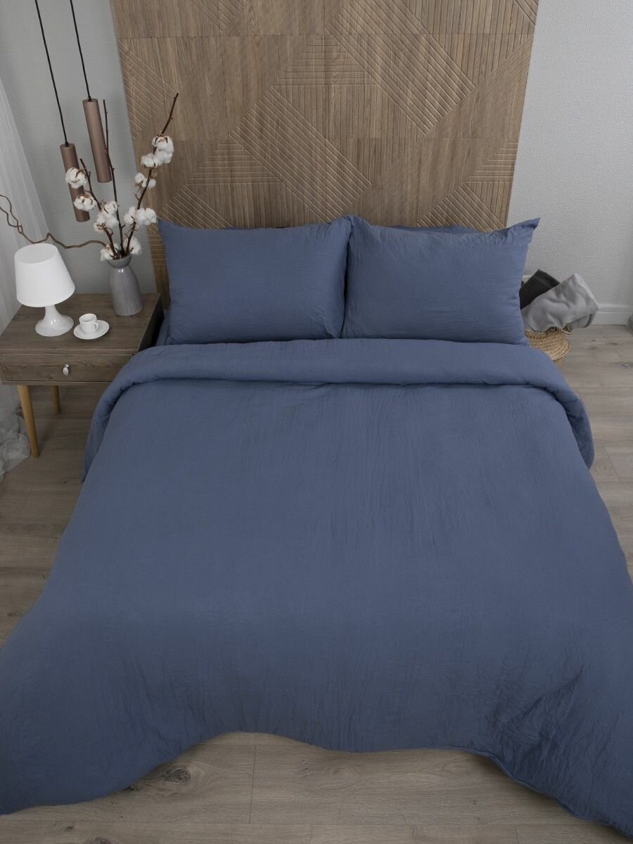 Комплект постельного белья 2-спальный с европростыней, жатка полисатин цвет нежный василёк - фотография № 4
