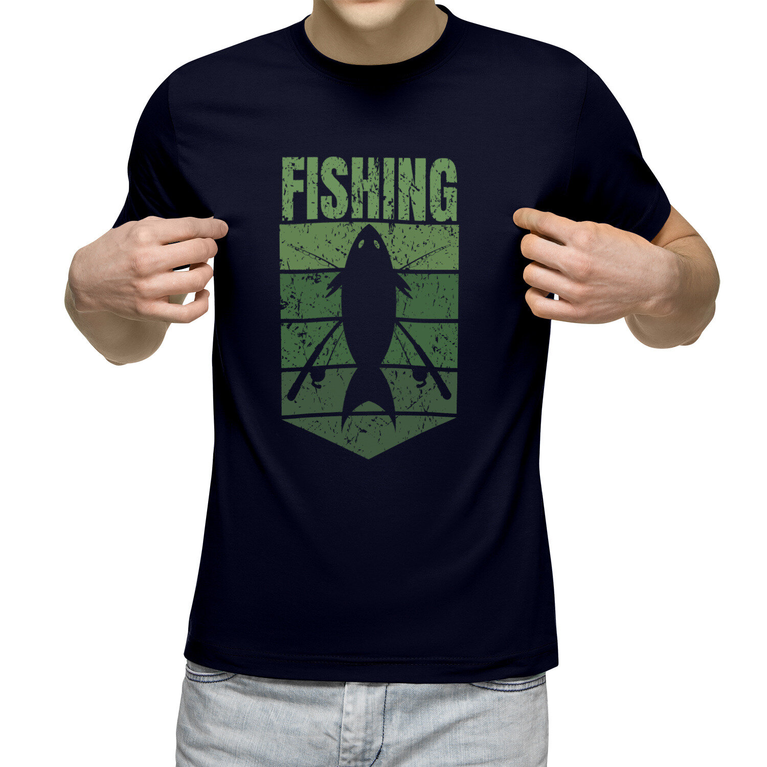 Мужская футболка «Надпись fishing и рыба с удочками»
