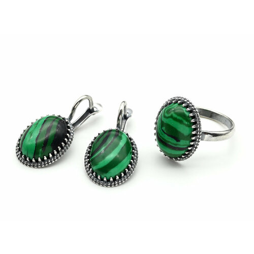 фото Комплект бижутерии: кольцо, серьги, малахит синтетический, размер кольца 20, зеленый кольцо серьги с малахитом имитация размер 20