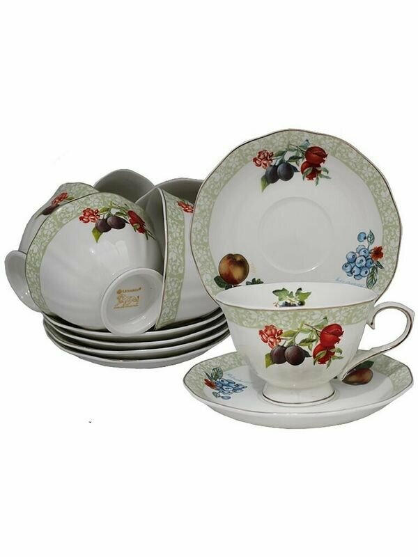 фото Чайный набор, сервиз, чашка с блюдцем, 12 предметов, 250 мл, фарфор, Фрукты, Lenardi