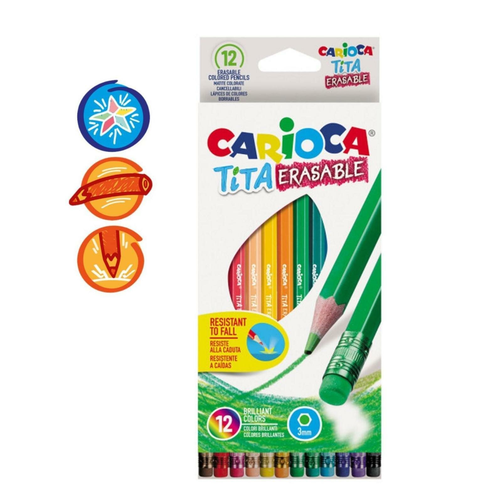 Карандаши 12 цветов "Tita Erasable", стираемые, яркий грифель 3.0 мм, шестигранные, пластиковые, картон, европодвес