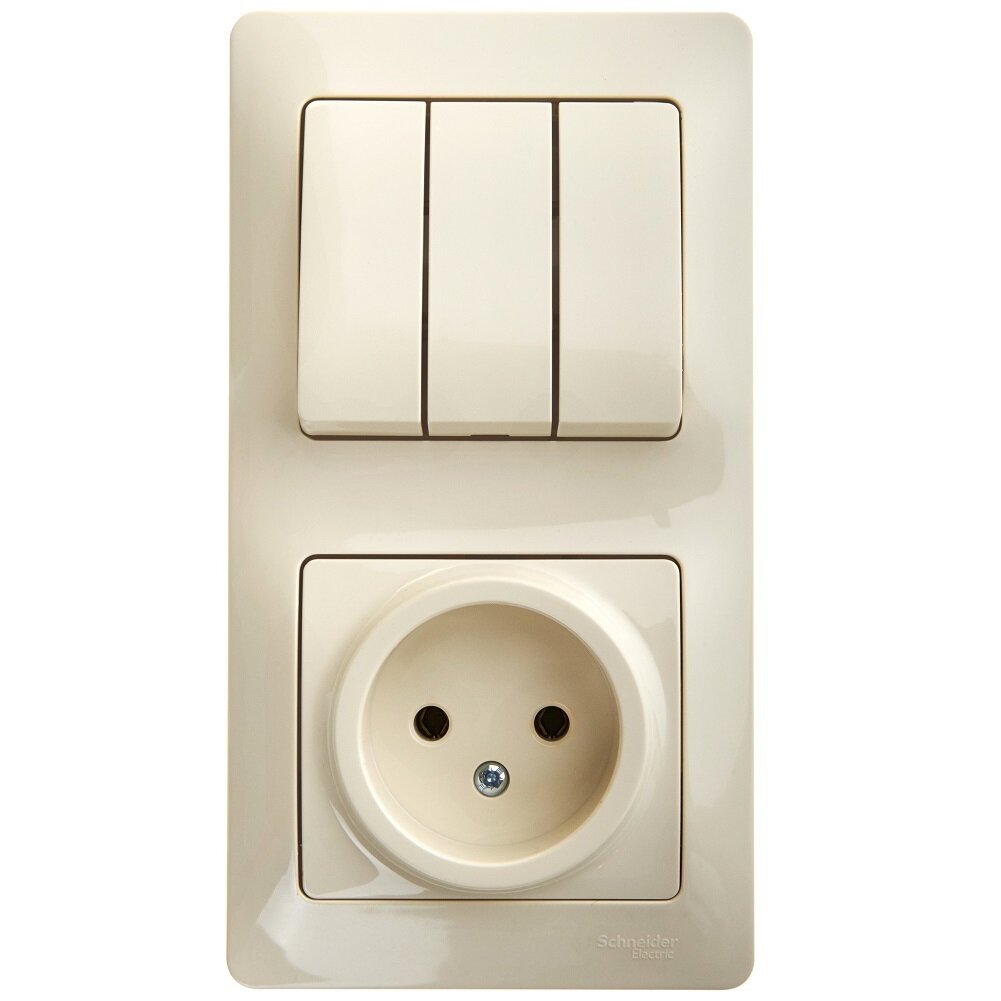 Выключатель Schneider Electric Glossa трёхклавишный + розетка. Бежевый