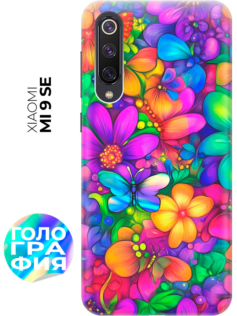 Силиконовый чехол на Xiaomi Mi 9 SE с принтом "Бабочки и цветы" прозрачный