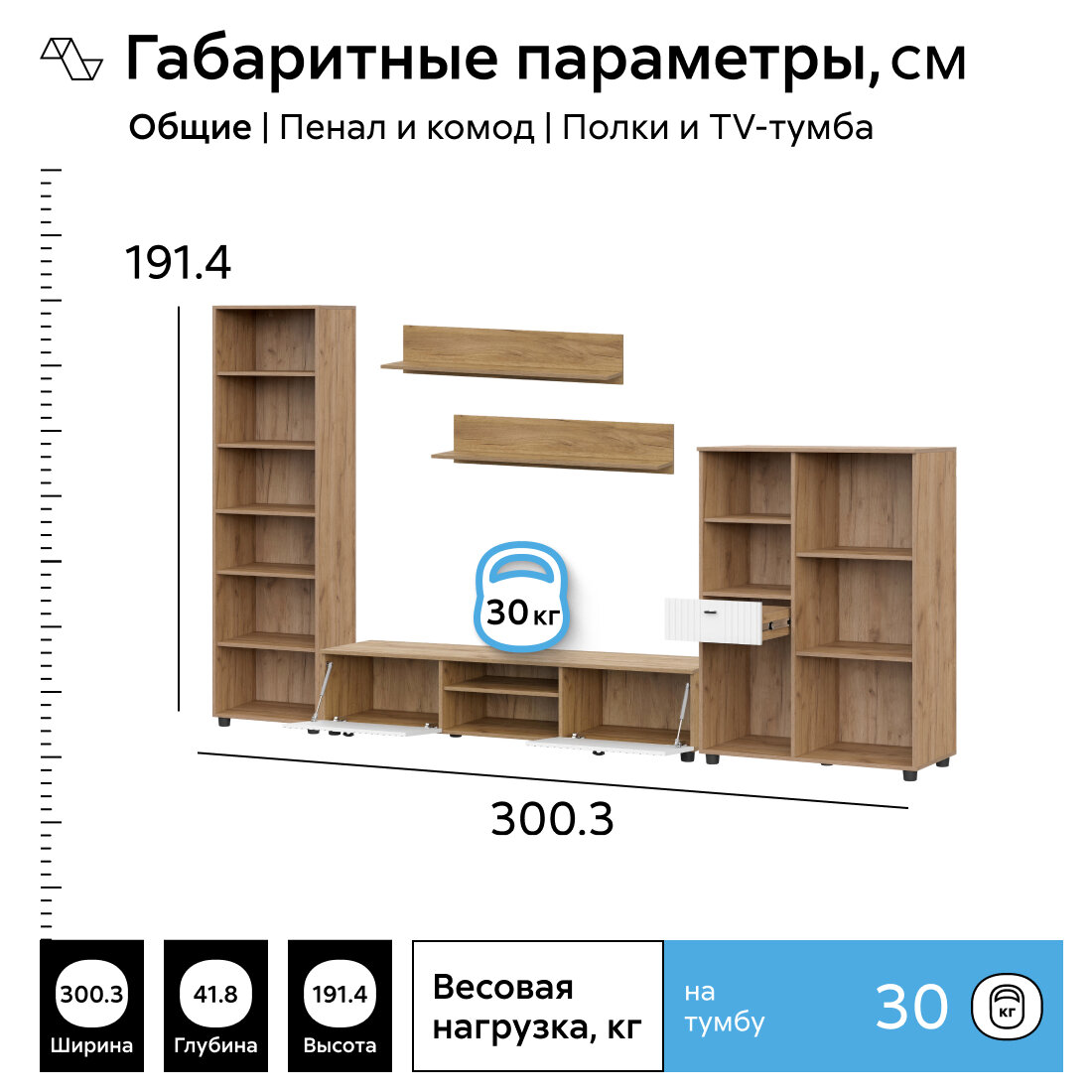 Стенка в гостиную со шкафом Ливенто дуб золотой / белый матовый, 300 см — фото 1
