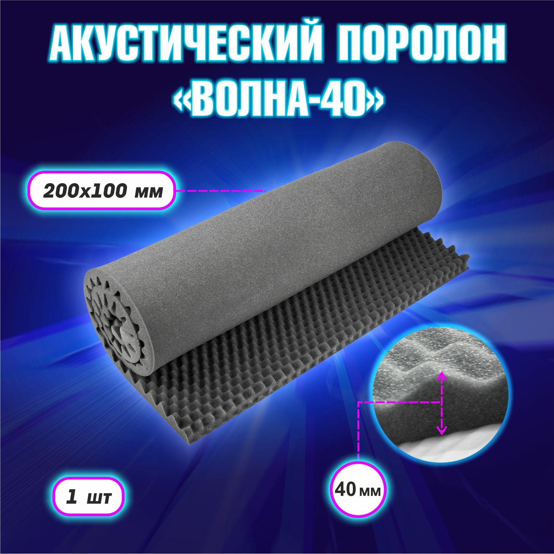 Акустический поролон Волна 40, Темно-серый, 200х100см 1 штука, 2 кв. м